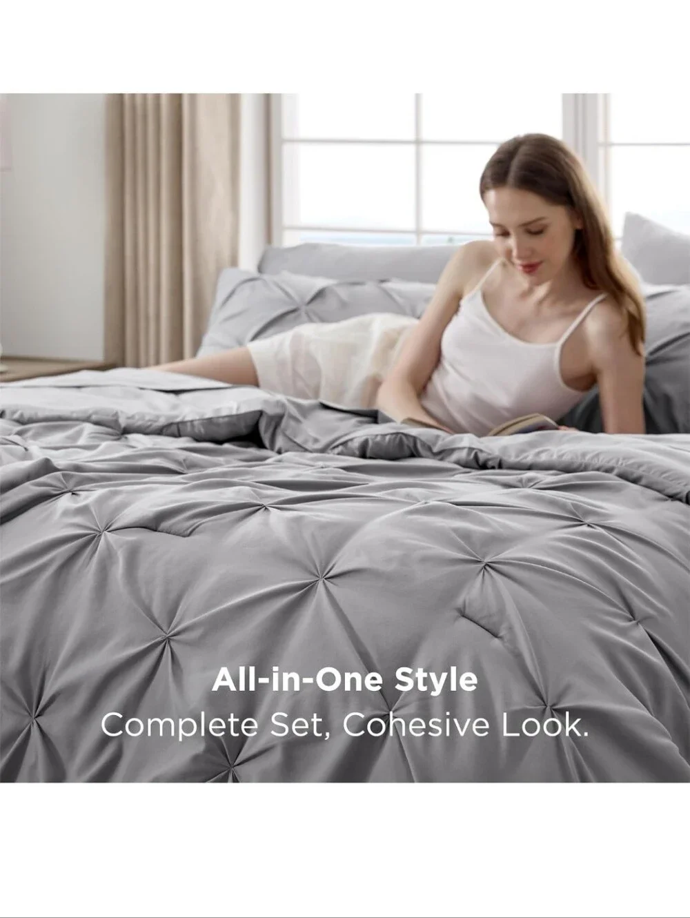 Bedsure Queen Comforter Set Grey Bed in a Bag Queen 7 Pieces, Gentlesoft Pintuck